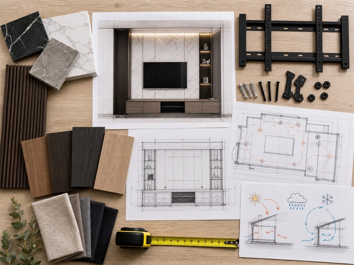 TV wall cabinet regional project planning with materials electrical layout and shop drawings