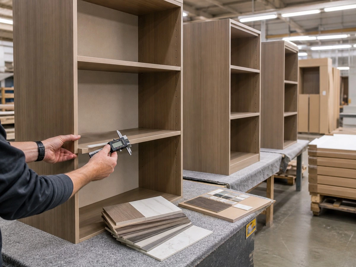 Built in bookcase factory quality review with cabinet modules and material samples