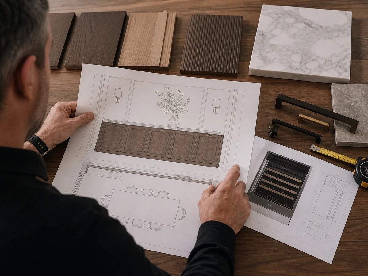 Built in sideboard cabinet shop drawing quality check with material samples and dining plan