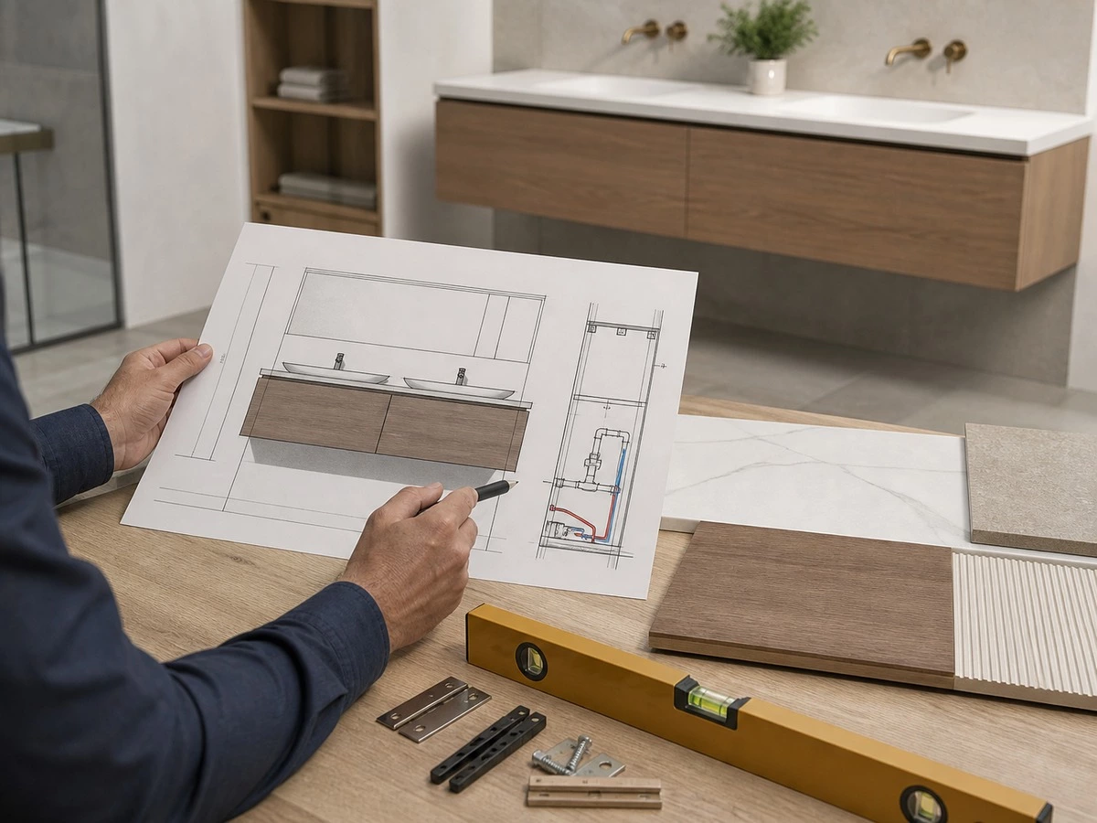 Floating bathroom vanity shop drawing quality check with plumbing and material samples