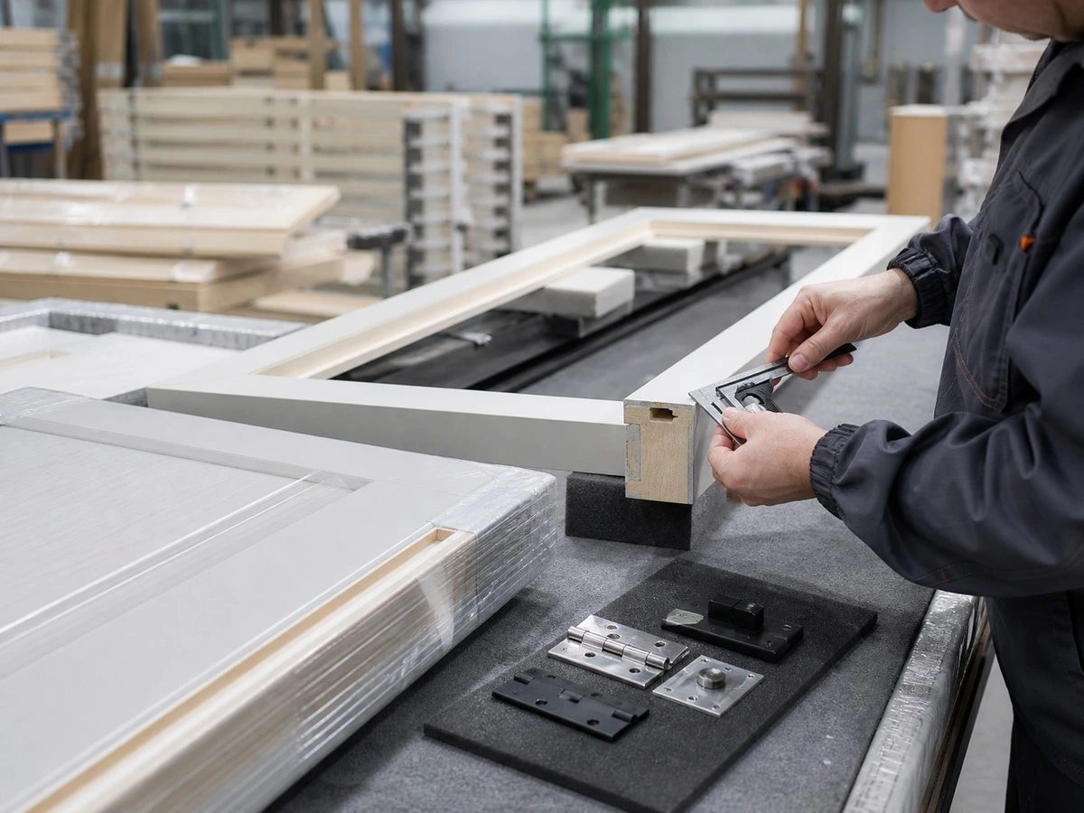 Interior door factory quality review with frame assembly finish inspection and protected packing