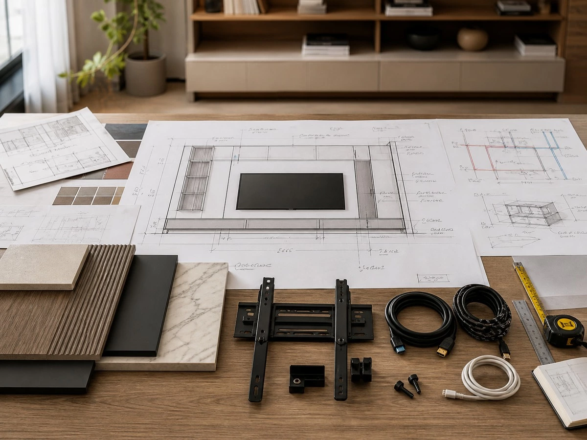 TV wall cabinet shop drawing review with cable plan materials and dimensions