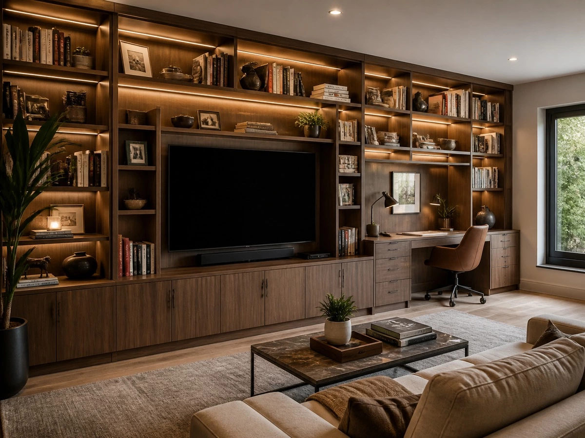 Built in bookcase complete room visualization with TV storage desk and display shelves