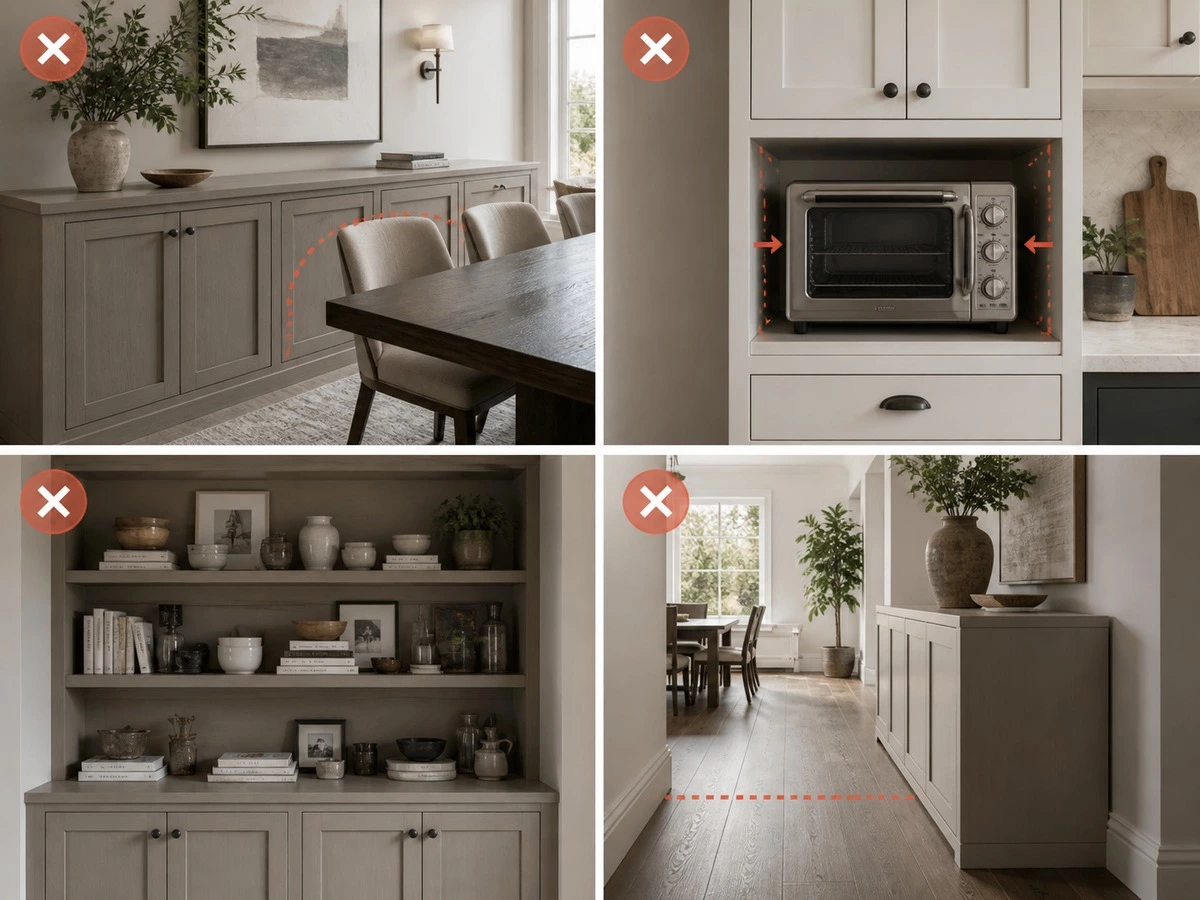 Common built in sideboard cabinet mistakes with chairs appliances shelves and cabinet depth