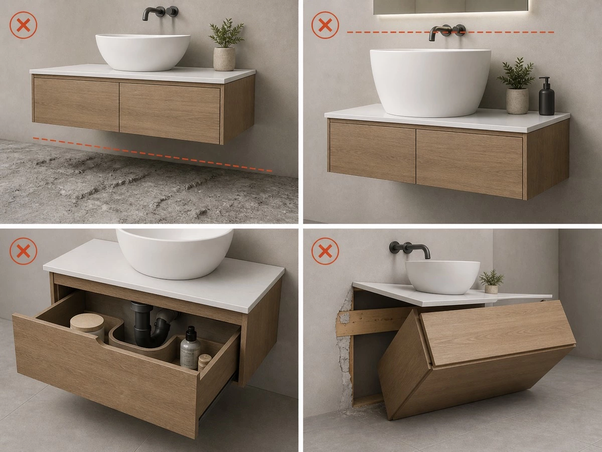 Common floating bathroom vanity height mistakes with basin plumbing floor and wall support