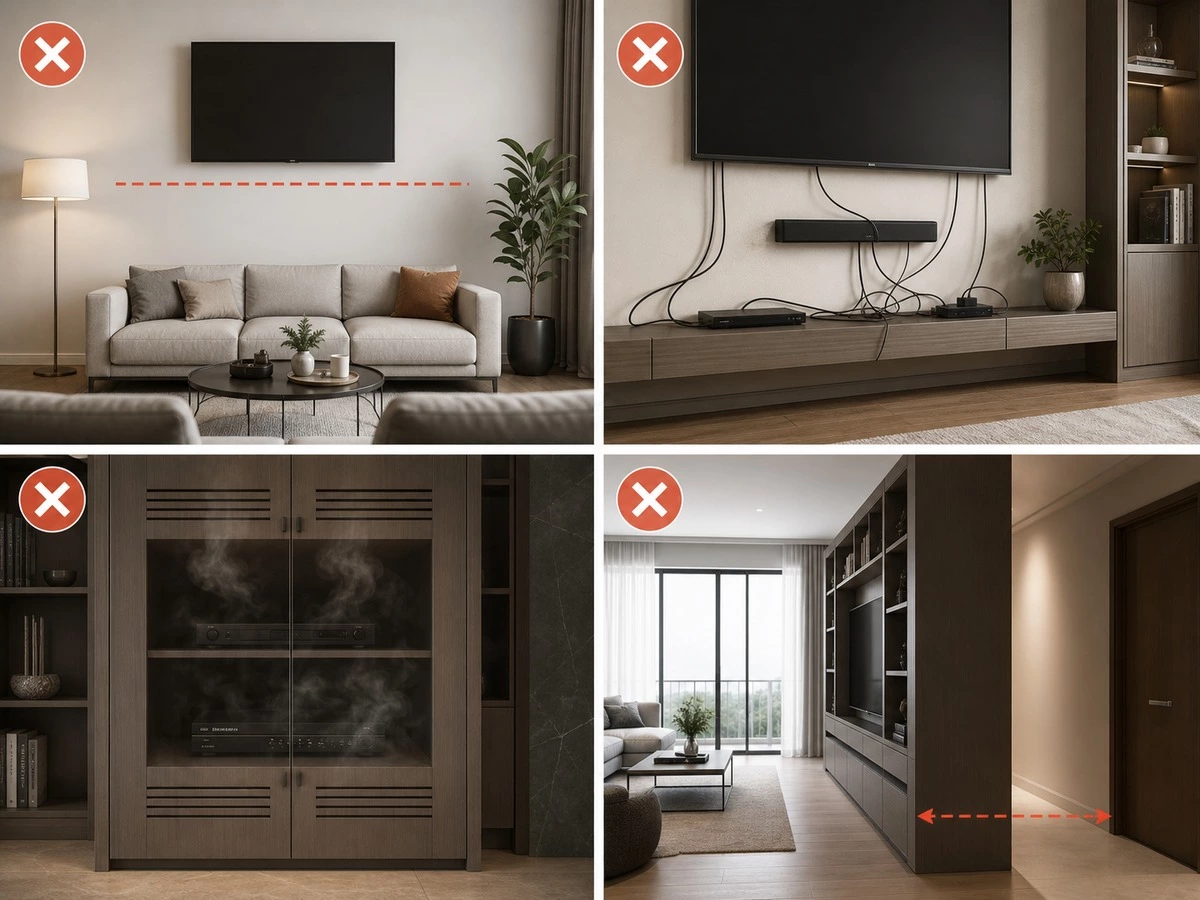 Common TV wall cabinet planning mistakes with screen cables ventilation and clearance