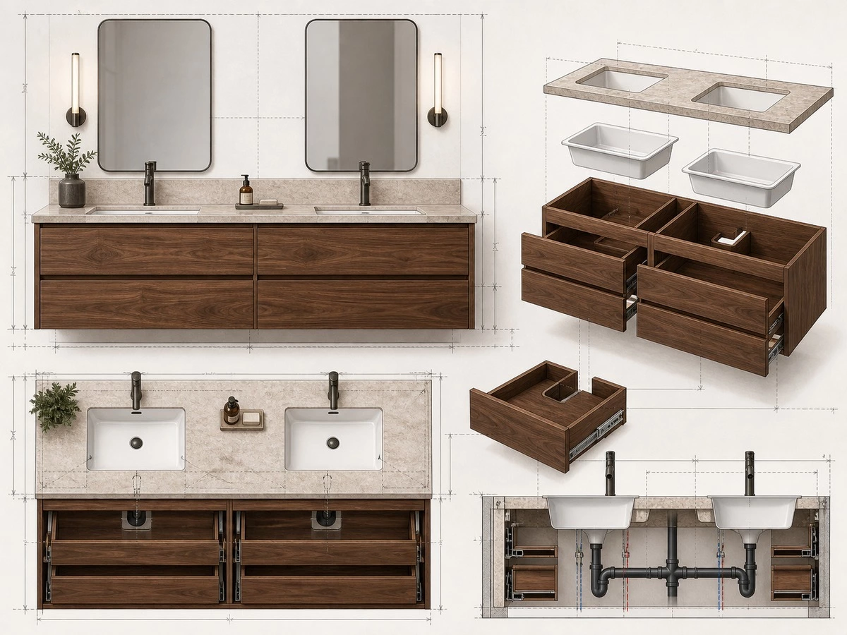 Double vanity shop drawing quality check with plumbing and drawer dimensions