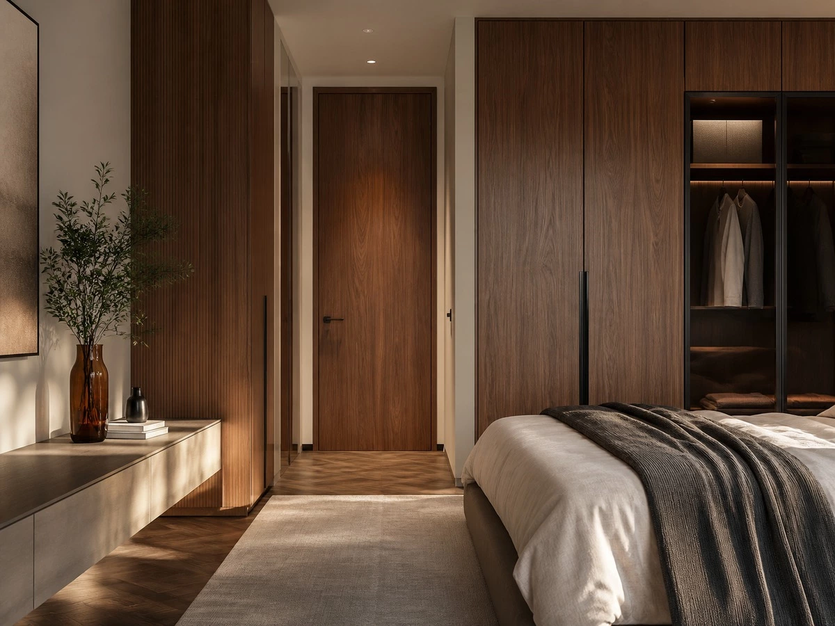 Interior door complete room visualization with wall panels wardrobe and coordinated finishes