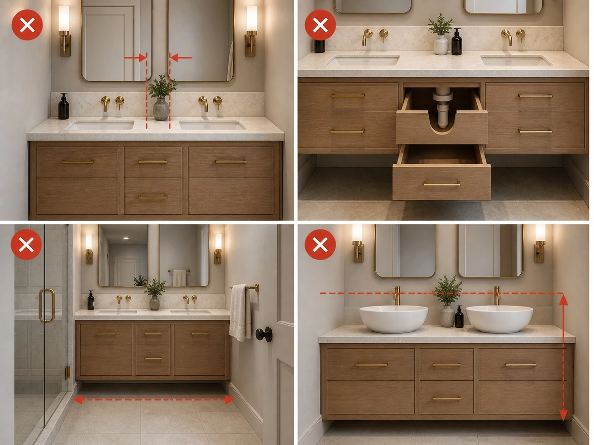 Common double vanity dimension mistakes including blocked drawers and limited clearance