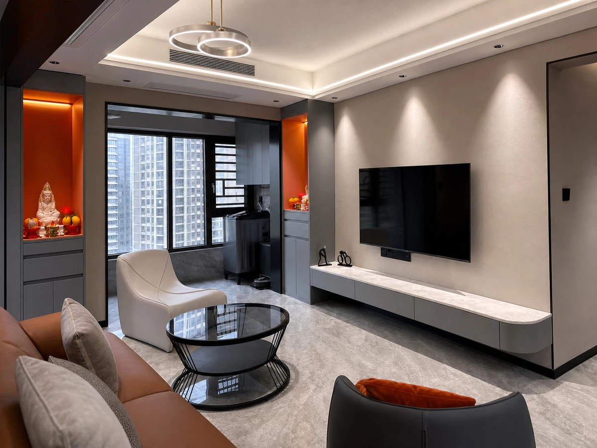 Apartment storage cabinets in the Foshan family home living room