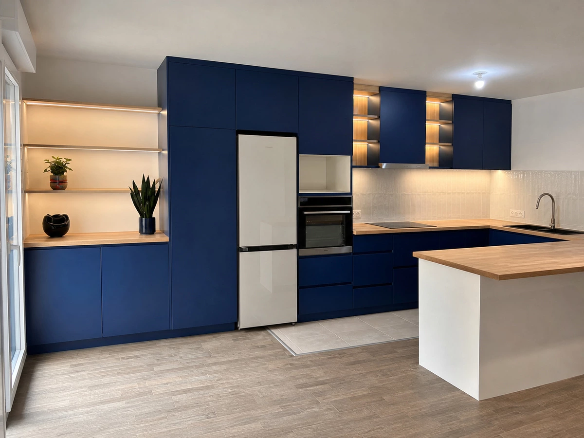 Blue kitchen cabinets in the Melbourne apartment project