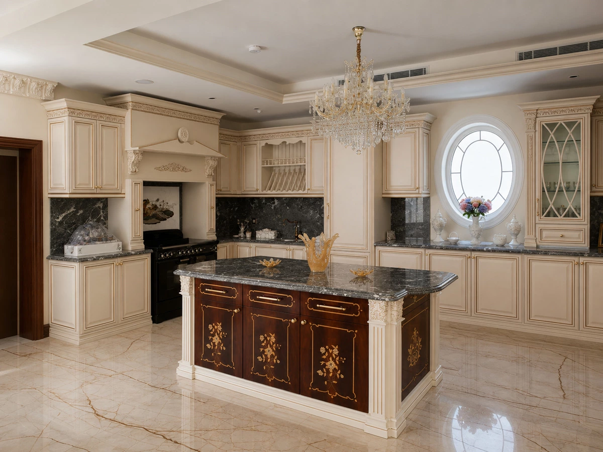 Cream kitchen cabinets with a detailed island in a Shenzhen villa