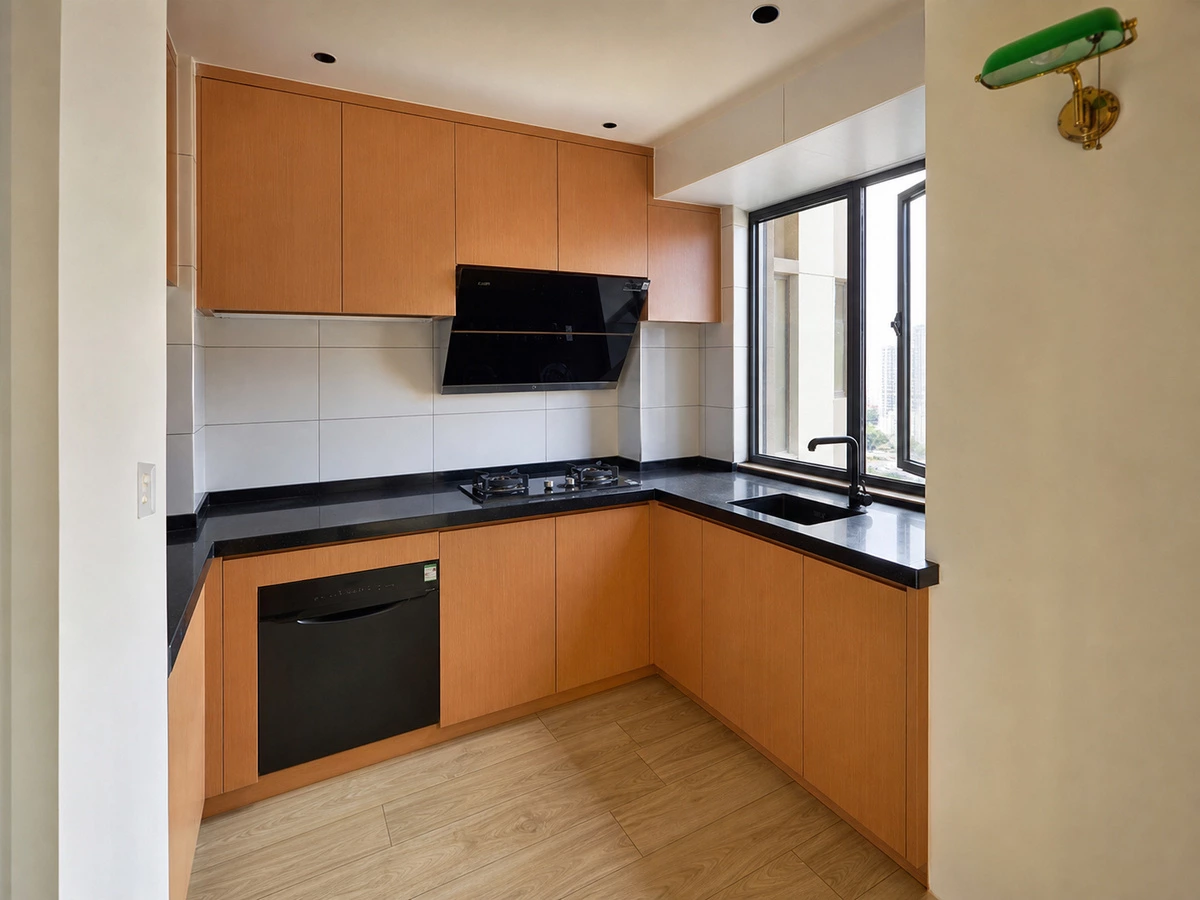 Orange kitchen cabinets with black quartz countertop in a Zhuhai apartment