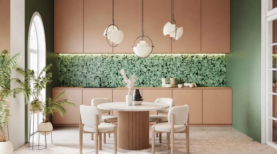 Rose pink lacquer cabinets and quartz island