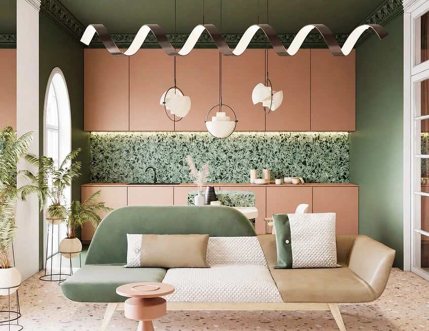 Small pink kitchen cabinets with compact island