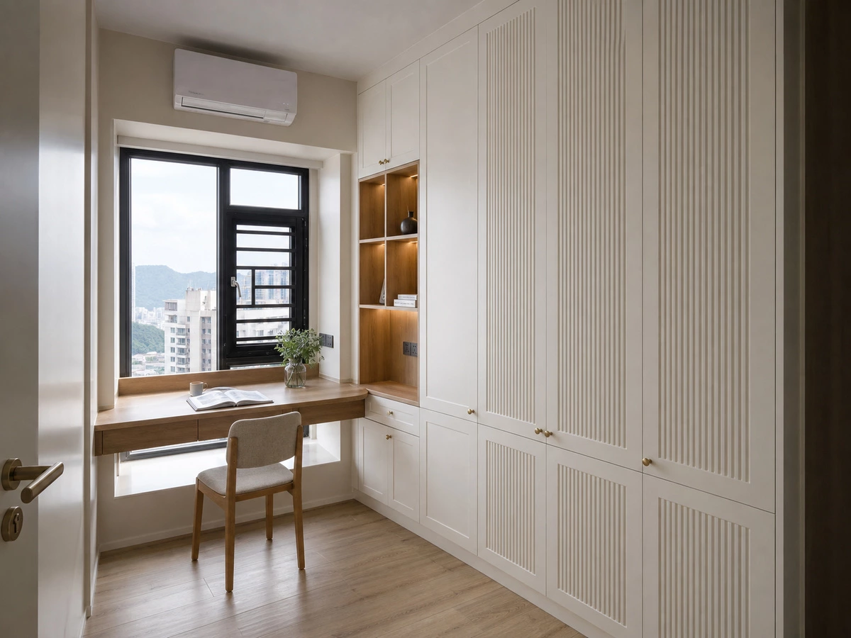 White lacquer and wood cabinets in a Shenzhen full-house project