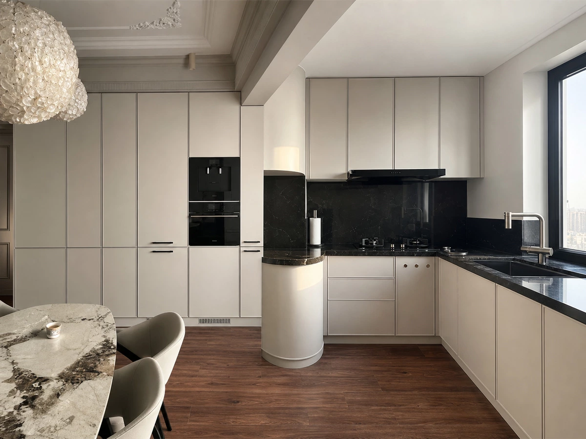 Soft white kitchen cabinets with a curved corner in the Guangzhou full-house project