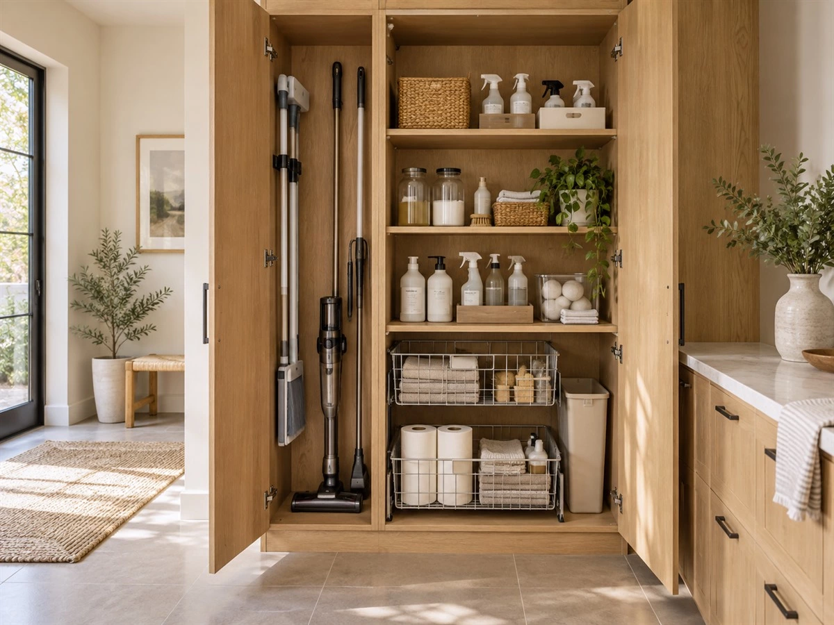 Cleaning Closet Cabinet Design: Shelves, Utility Storage and Service Access