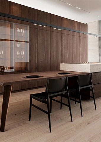 Dark Timber Kitchen with Travertine Island and Display Wall
