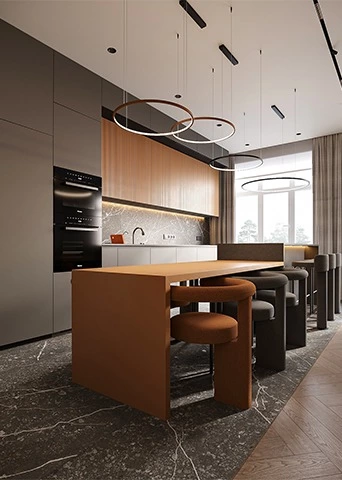 Slatted Wood Kitchen Cabinets with Dining Island