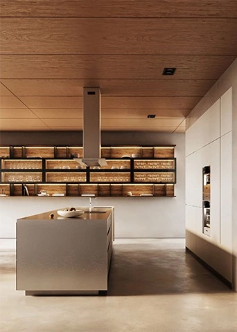 Warm Wood Stainless Steel Kitchen with Dining Island