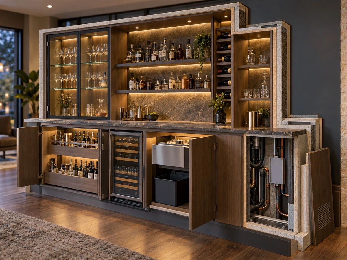 Built-In Bar Cabinet Dimensions: Counter Height, Storage and Appliance Planning