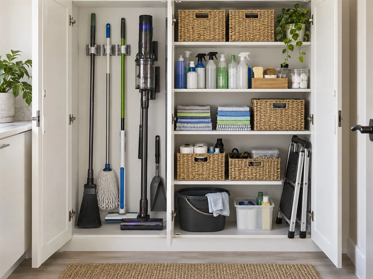 Cleaning Closet Cabinet Design: Shelves, Utility Storage and Service Access