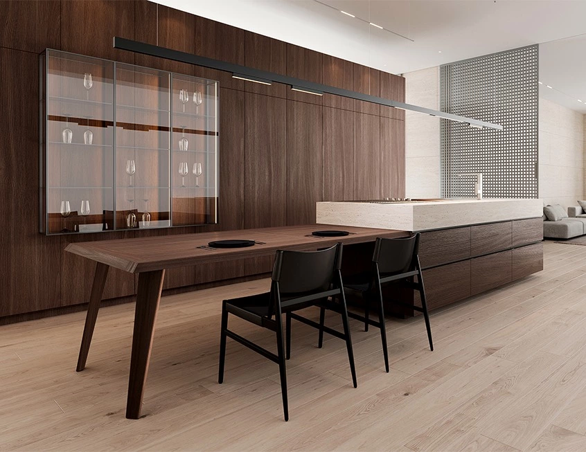 Dark Timber Kitchen with Travertine Island and Display Wall