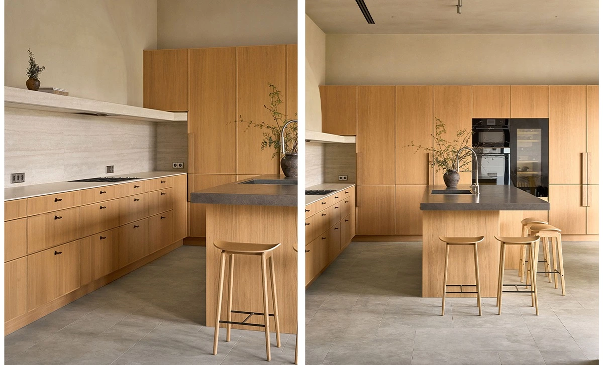 Full-height light timber kitchen storage with custom wood cabinets
