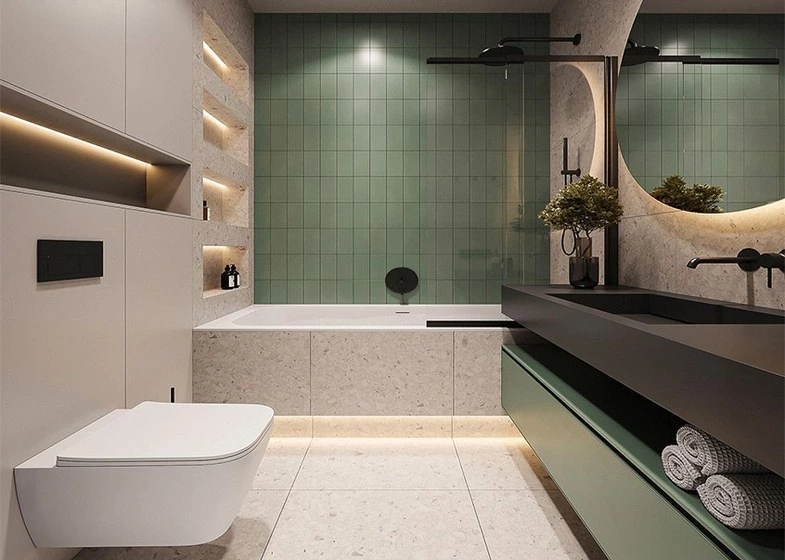 Narrow bathroom vanity design with sage green floating vanity and bathtub