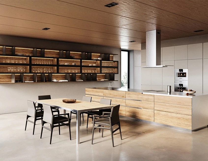 Warm wood stainless steel kitchen with dining island and display wall
