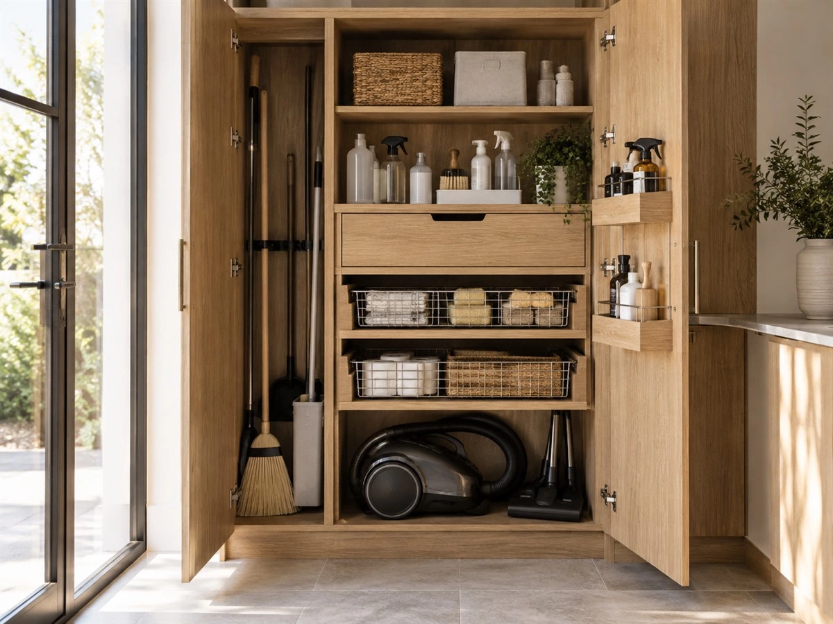 Cleaning Closet Cabinet Design: Shelves, Utility Storage and Service Access
