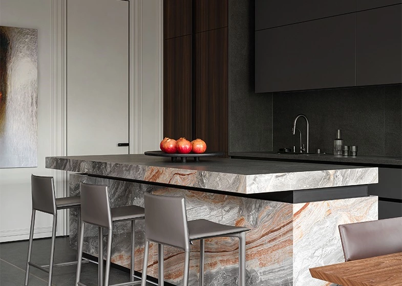 Timber-clad tall cabinets and rear work zone in an open-plan kitchen