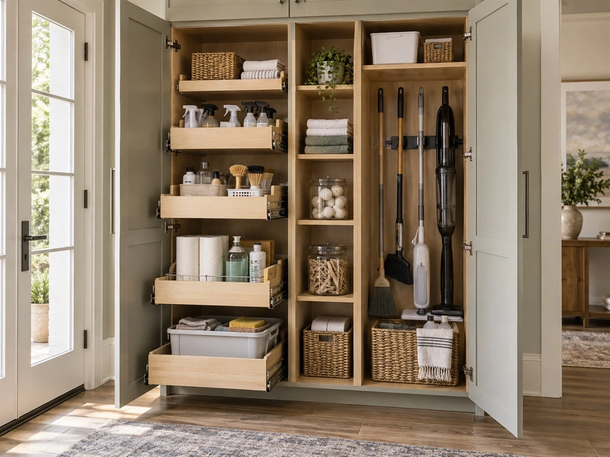 Cleaning Closet Cabinet Design: Shelves, Utility Storage and Service Access