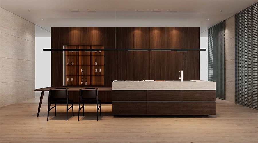 Dark Timber Kitchen with Travertine Island and Display Wall