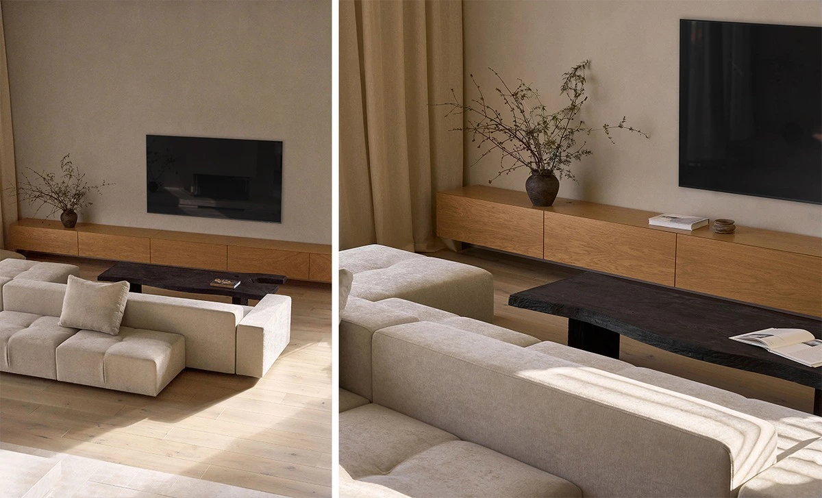 Floating TV unit and open shelving in a light timber living room