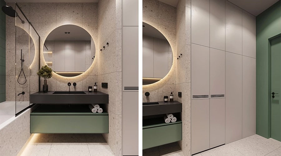 Design visualization of long narrow bathroom vanity layout