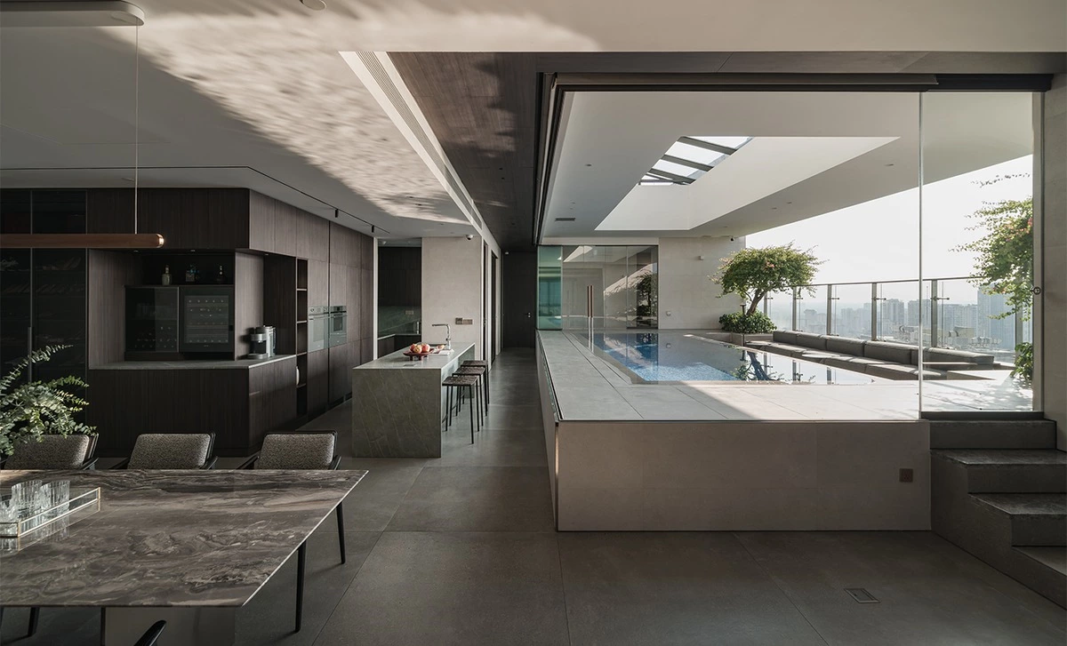 Walnut kitchen island with an open waterscape view