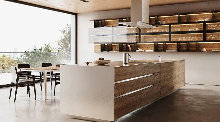 Warm timber kitchen island with integrated sink and slim stainless steel handles