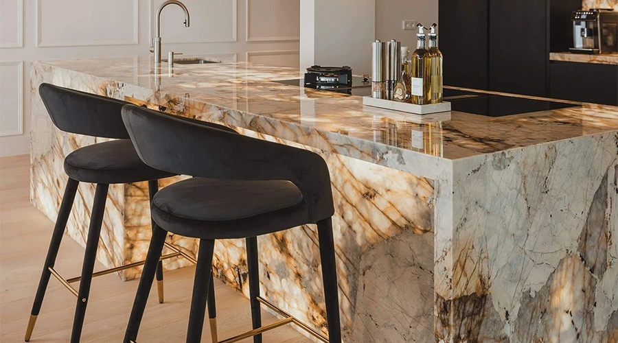 Backlit Stone Kitchen with Matte Black Cabinets