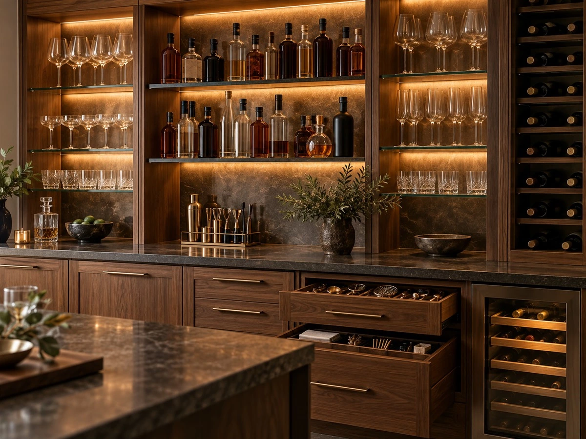 Built-In Bar Cabinet Dimensions: Counter Height, Storage and Appliance Planning
