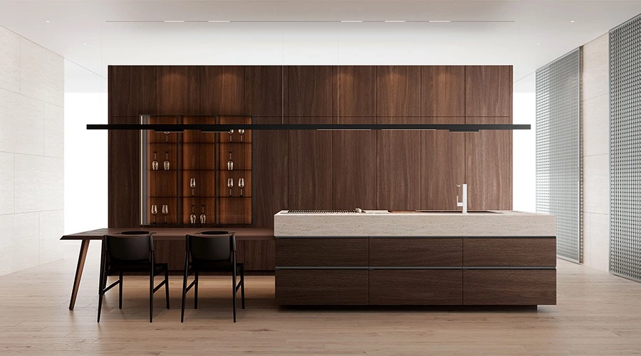 Dark Timber Kitchen with Travertine Island and Display Wall