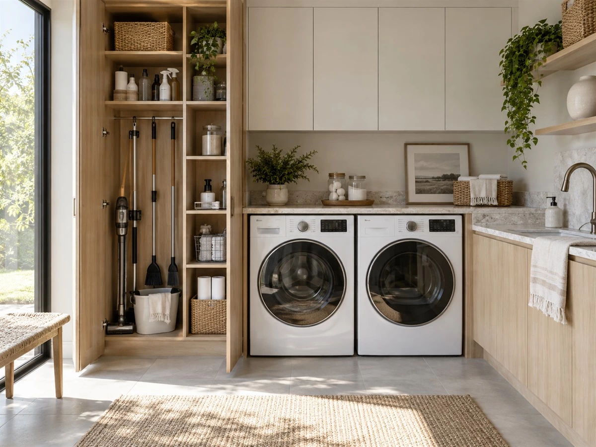 Cleaning Closet Cabinet Design: Shelves, Utility Storage and Service Access