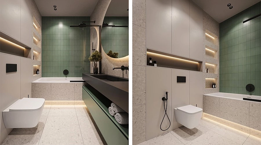 Narrow Bathroom Vanity Design with Floating Storage