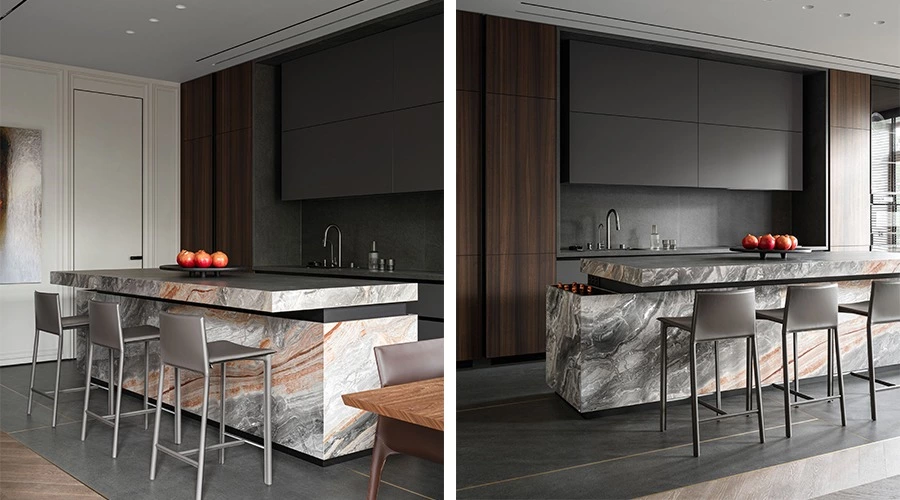 Stone kitchen island with integrated seating for three