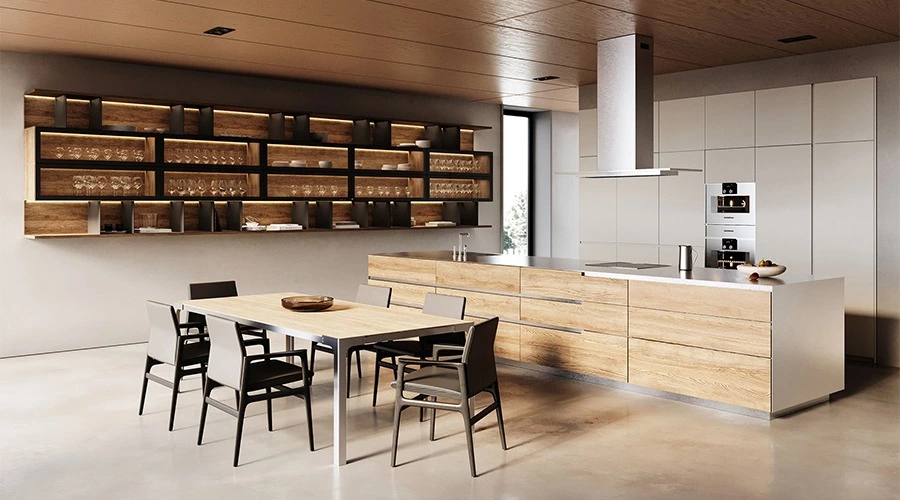 Warm Wood Stainless Steel Kitchen with Dining Island