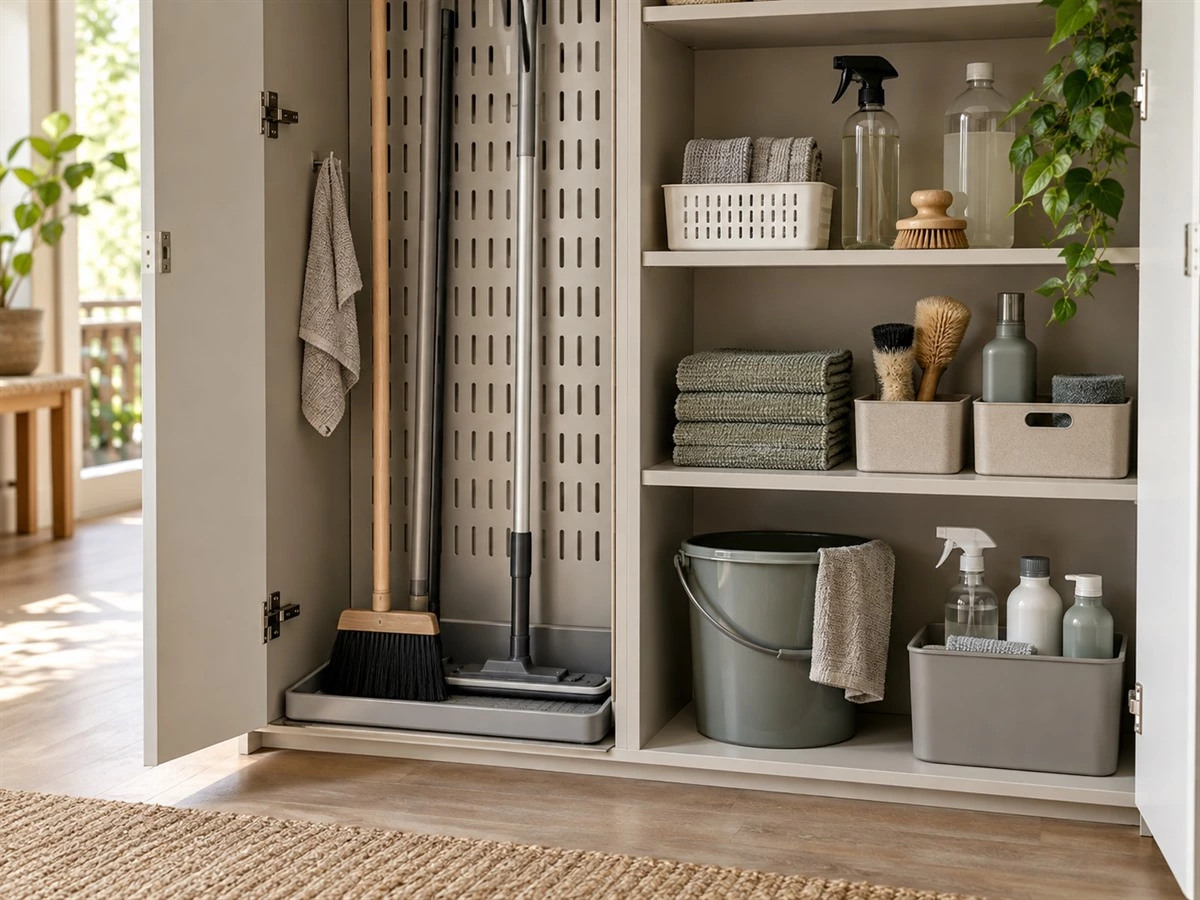 Cleaning Closet Cabinet Design: Shelves, Utility Storage and Service Access