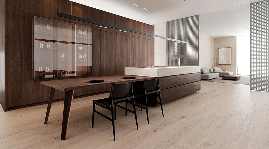Dark Timber Kitchen with Travertine Island and Display Wall