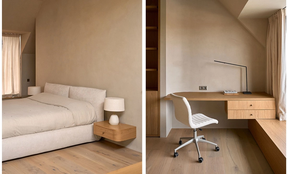 Loft study desk with light timber built-in shelving and window seat