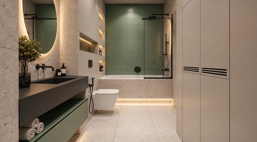 Narrow Bathroom Vanity Design with Floating Storage